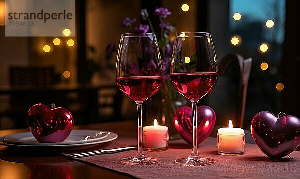 Zwei Weingläser umgeben von Kerzen und Herzen in einer romantischen Bokeh Einstellung AI generiert  KI generiert