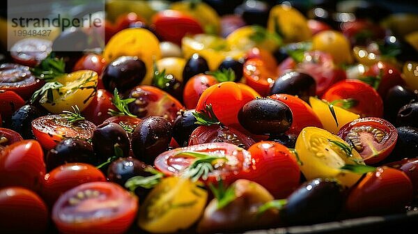 Salat mit Kirschtomaten  schwarzen Oliven und Basilikum. Selektiver Fokus AI generiert  KI generiert