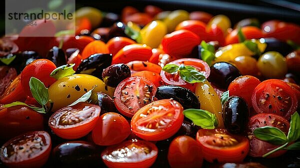 Salat mit Kirschtomaten  schwarzen Oliven und Basilikum. Selektiver Fokus AI generiert  KI generiert