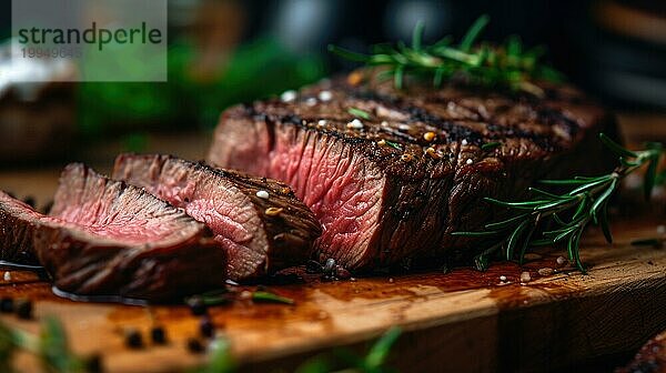 Gegrilltes Steak mit Rosmarin und Gewürzen auf einem Holzbrett AI erzeugt  KI generiert