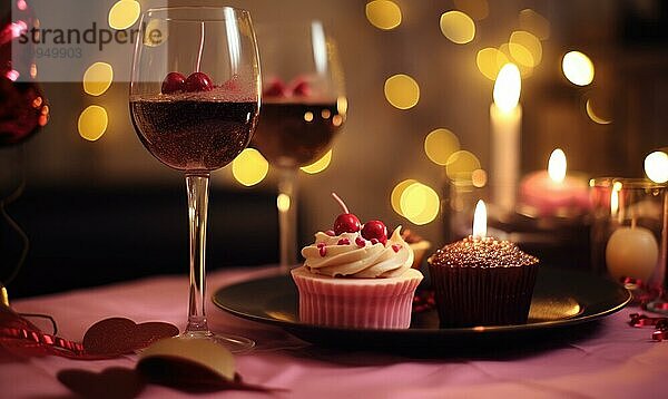 Rotwein in Gläsern  begleitet von Cupcakes und Kerzen  vor einem hellen Bokehhintergrund AI generiert  KI generiert