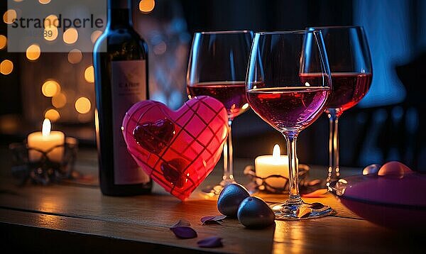 Romantisches Dinner Ambiente mit Weingläsern  Herzformen und Kerzenlicht AI erzeugt  KI generiert