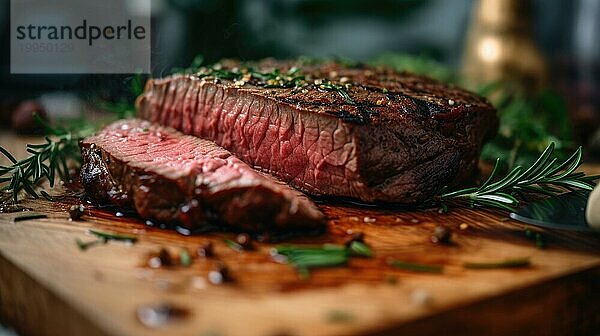 Gegrilltes Rindersteak mit Rosmarin und Gewürzen auf einem Holzbrett AI erzeugt  KI generiert