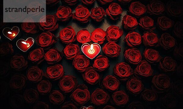 Rote Rosen bilden ein Herz mit leuchtenden Lichtern und Herzen auf einem dunklen Hintergrund AI generiert  KI generiert