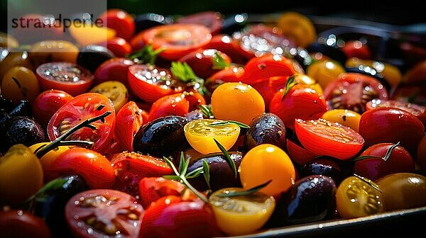 Salat mit Kirschtomaten  schwarzen Oliven und Basilikum. Selektiver Fokus AI generiert  KI generiert