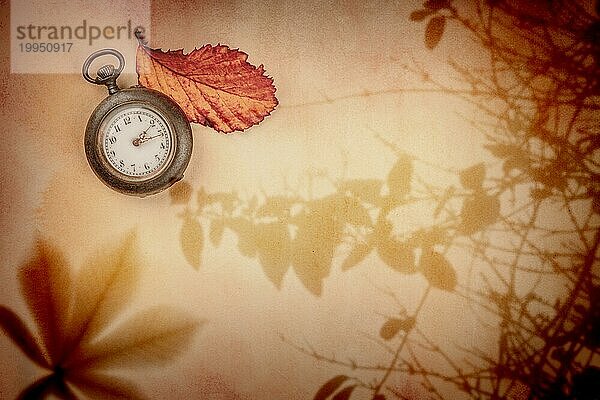 Herbst  Nostalgie  Zeit. Eine alte Uhr auf altem Papier mit organischen Pflanzenschatten und einem lebendigen Herbstblatt  mit Kopierraum. Getöntes Bild