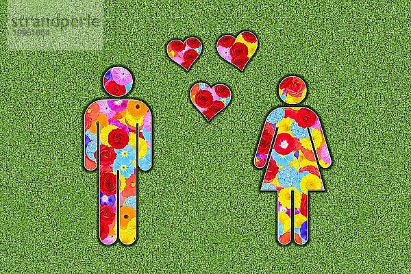 Piktogramm von Mann und Frau und Herzen  verliebt sein  Liebe  gestaltet mit bunten Blumen auf grünem Hintergrund  Grafik