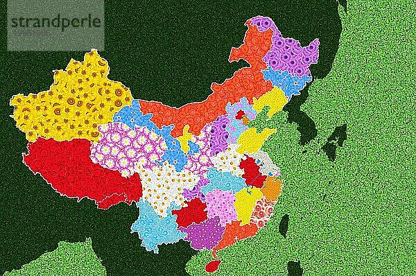 Karte  Umrisse von China  mit Blumenmuster aus vielen verschiedenen Blumen und Farben auf grünem Hintergrund  Geographie  Atlas  Symbol für Naturschutz  Umweltschutz