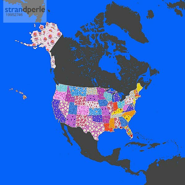 Landkarte  Karte  Umrisse von Nordamerika mit den USA farbig durch verschiedenartige Blumen hervorgehoben  zum Beispiel Seerose  Prunkwinde  Sonnenblume  Malve  Vergissmeinnicht  Margerite  Lotusblume  alle Bundesstaaten einzeln  Grafik  Computermontage