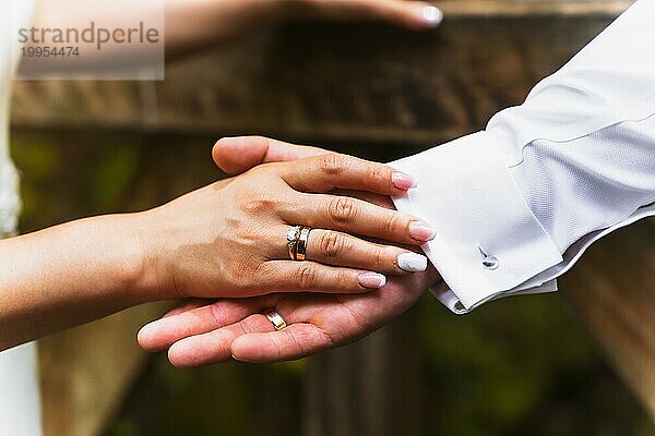 Detail der Hände von Braut und Bräutigam mit Ringen bei einer Hochzeit  Hochzeitszeremonie