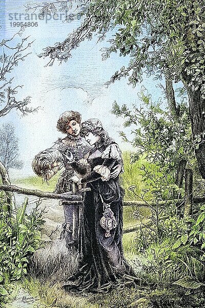 Junges Liebespaar trifft sich in freier Natur  Historisch  digital restaurierte Reproduktion von einer Vorlage aus dem 19. Jahrhundert  Young lovers meet in the wild  historical  digitally restored reproduction from a 19th century original