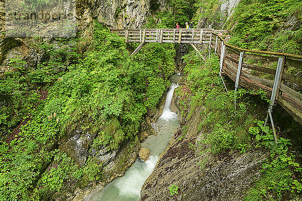 Austria  Tyrol  Boardwalk over waterfall in Wolfsklamm canyon