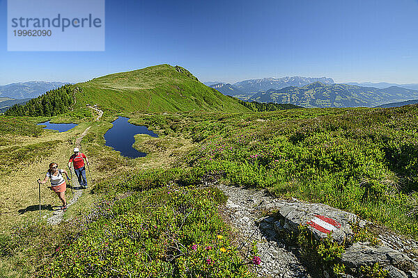 Austria  Tyrol  Wildschoenau  Man and woman hiking at Wildschonauer Hohenweg in summer