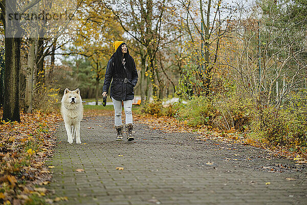 Frau geht mit Akita-Hund im Herbstpark spazieren