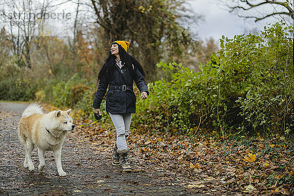 Lächelnde Frau geht mit Hund auf Fußweg im Herbstpark spazieren