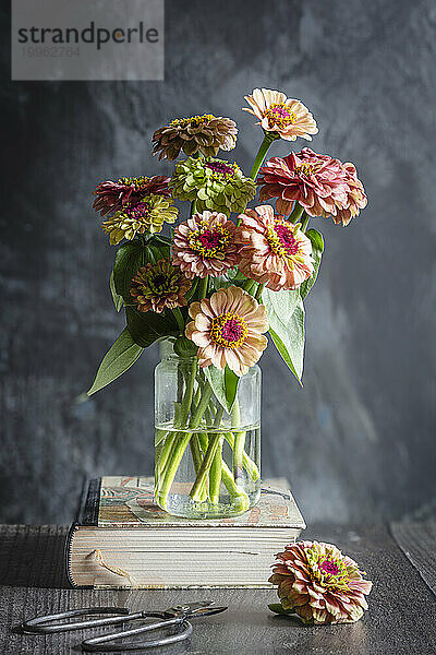 Queeny lime red zinnias in jar standing on book
