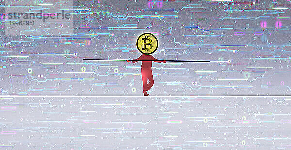 Mann läuft auf einem Drahtseil mit Bitcoin über dem Kopf