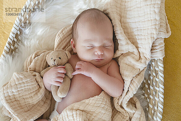 Cute baby boy sleeping with stuffed toy in basket