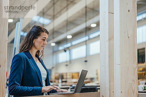 Geschäftsfrau benutzt Laptop und arbeitet in der Industrie