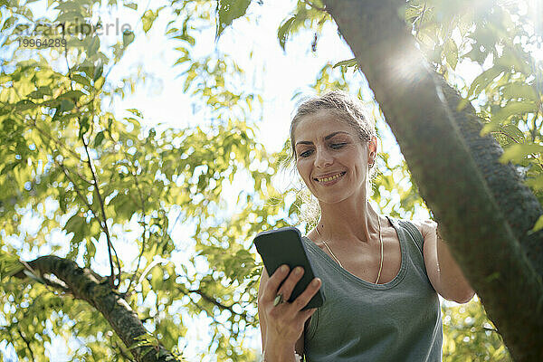 Lächelnde Frau benutzt Smartphone  das am Baum steht