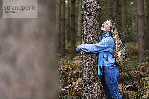 Lächelnde schöne Frau umarmt Baum im Wald von Cannock Chase