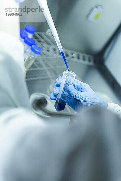 Wissenschaftler entnimmt im Labor eine blaue Flüssigkeitsprobe in einer Pipette aus dem Reagenzglas