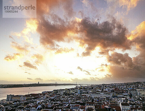 Residential district near Tagus river at sunset in Lisbon  Portugal