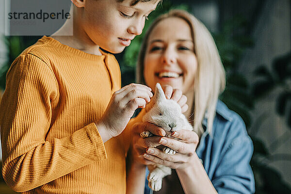 Mutter und Sohn spielen zu Hause mit Hase