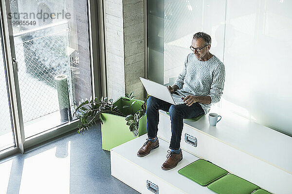 Lächelnder älterer Geschäftsmann  der im Büro am Laptop arbeitet