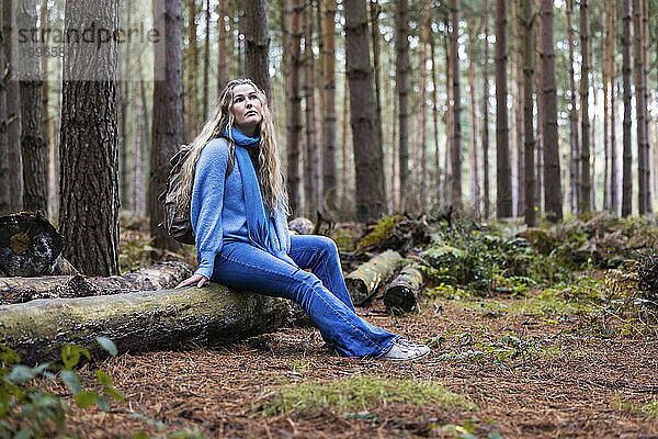 Nachdenkliche Frau sitzt auf einem Baumstamm im Cannock Chase Forest