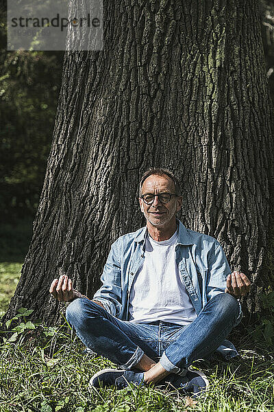 Älterer Mann meditiert im Lotussitz im Park