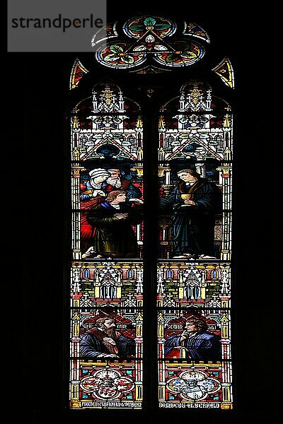 Buntes Kirchenfenster mit Reformatoren Johannes Calvin und Huldrych Zwingli  Glasmalerei  Kunsthandwerk  Reformator  Kirchengeschichte  Berühmtheit  schwarz  Silhouette  Katharinenkirche  Oppenheim  Rheinhessen  Rheinland-Pfalz  Deutschland  Europa