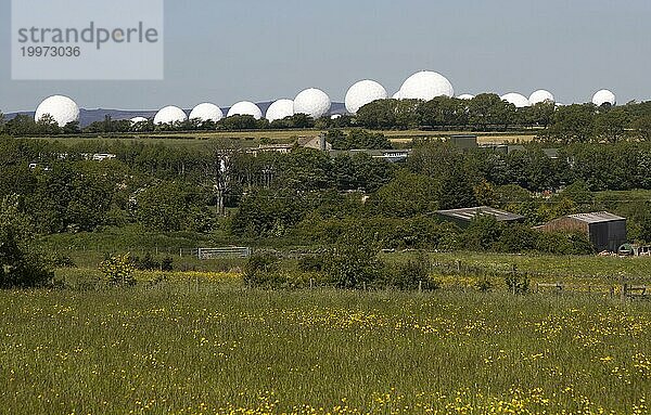 Weiße kreisförmige Radome der Satelliten Bodenstation  RAF Menwith Hill  North Yorkshire  England  UK