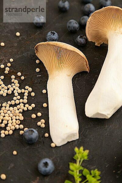 Braune Kräuter Seitlinge (Pleurotus eryngii) auf schwarzem Betonhintergrund mit Heidelbeeren  Kräutern und Gewürzen. Seitenansicht  selektiver Fokus