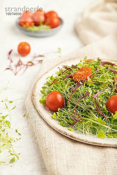 Vegetarischer Gemüsesalat aus Tomaten  Sellerie  Zwiebeln und Mikrogrünsprossen auf grauem Betonhintergrund und Leinentuch. Seitenansicht  Kopierraum  selektiver Fokus