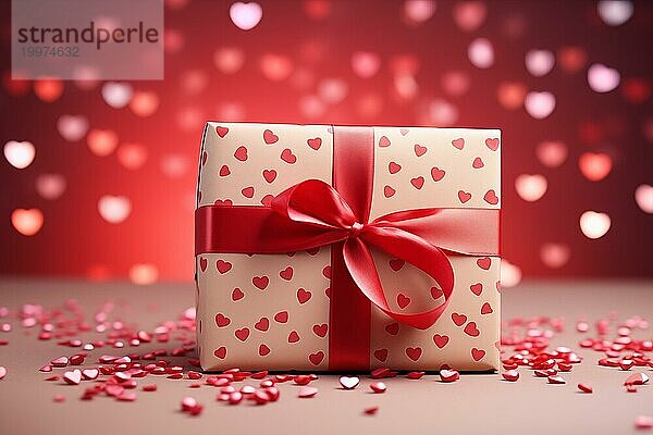 Valentine's Gift rote Geschenkbox mit einem weichen rosa Band geschmückt  umgeben von herzförmigen Konfetti und ein Bokeh Hintergrund. Gefühle der Liebe  Zuneigung und Überraschung  AI erzeugt  KI generiert