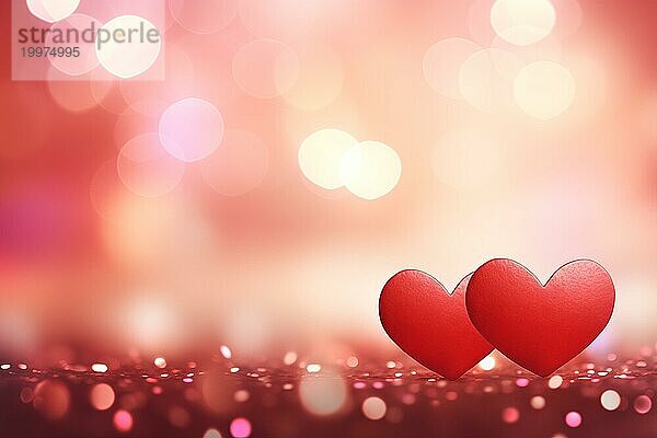 Ein wunderschöner und romantischer Hintergrund mit zwei eleganten roten Herzen vor einem weichen Bokehlichteffekt perfekt für den Valentinstag oder jedes Design zum Thema Liebe  AI generiert  KI generiert