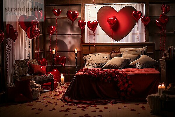 Ein gemütliches Schlafzimmer  geschmückt mit roten und weißen herzförmigen Luftballons  Rosenblättern und Kerzen  die eine romantische Atmosphäre für den Valentinstag schaffen  AI generated  KI generiert