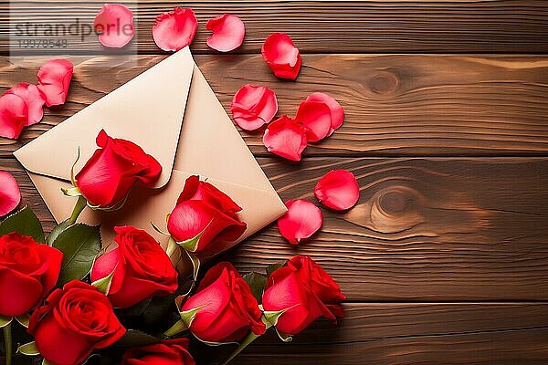 Lebendige rote Rosen  ein romantischer Valentins Liebesbrief in einem eleganten Umschlag und verstreute Rosenblüten auf einem dunklen Holztisch. Liebe und Zuneigung am Valentinstag  AI generiert  KI generiert