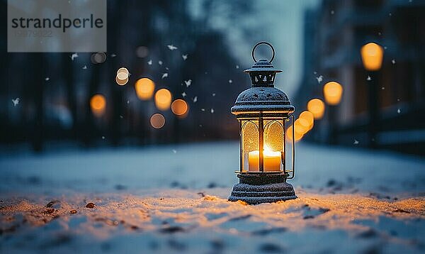 Vintage Laterne im Winterwald. Weihnachten Hintergrund mit Laterne in den Schnee. Selektiver Fokus AI generiert  KI generiert