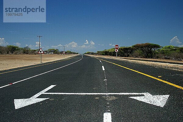 Strasse mit doppeltem Richtungspfeil  Asphalt  verwirrend  Richtung  Richtungspfeil  Straße  Verkehr  Verkehrsregel  niemand  leer  Einsam Roadtrip  Botswana  Afrika