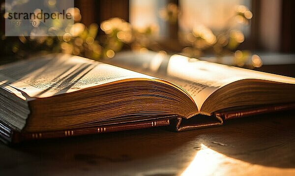 Ein aufgeschlagenes Buch auf einem Holztisch im warmen Schein der goldenen Stunde erzeugt AI  KI generiert