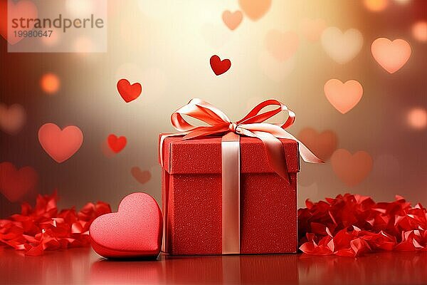 Valentine's Gift rote Geschenkbox mit einem weichen rosa Band geschmückt  umgeben von herzförmigen Konfetti und ein Bokeh Hintergrund. Gefühle der Liebe  Zuneigung und Überraschung  AI erzeugt  KI generiert