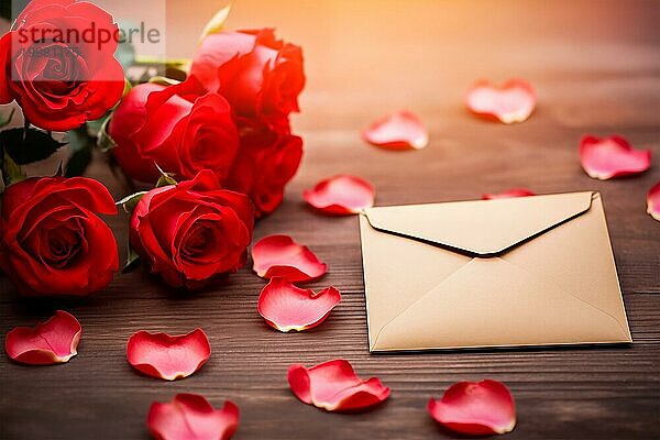 Lebendige rote Rosen  ein romantischer Valentins Liebesbrief in einem eleganten Umschlag und verstreute Rosenblüten auf einem dunklen Holztisch. Liebe und Zuneigung am Valentinstag  AI generiert  KI generiert