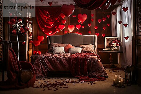 Ein gemütliches Schlafzimmer  geschmückt mit roten und weißen herzförmigen Luftballons  Rosenblättern und Kerzen  die eine romantische Atmosphäre für den Valentinstag schaffen  AI generated  KI generiert