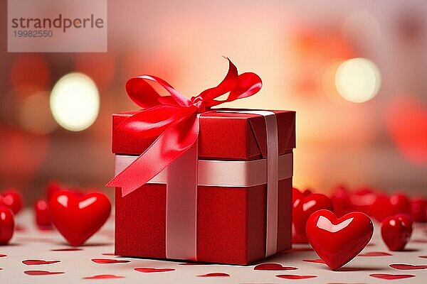 Rote Geschenkbox mit einer seidigen Schleife  umgeben von leuchtenden Herzen  die eine romantische Atmosphäre schaffen  perfekt für Aktionen zum Valentinstag oder Veranstaltungen zum Thema Liebe  AI generiert  KI generiert