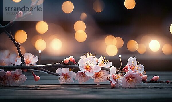 Ruhige Kirschblüten mit warmem Bokeh in der Abenddämmerung aufgenommen Holztisch mit rosafarbenen Pfirsichblütenblüten über unscharfem Hintergrund. AI generiert  KI generiert