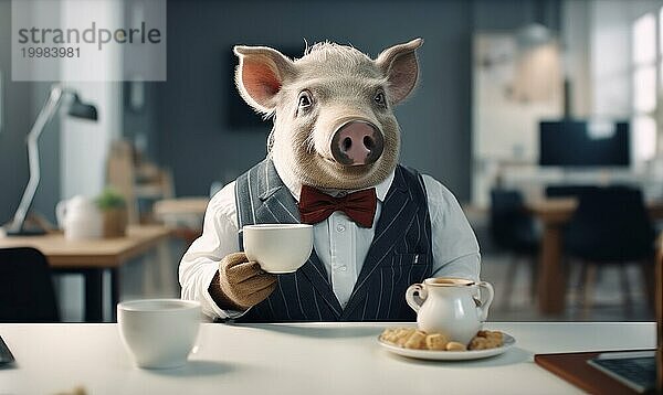 Fröhliches anthropomorphes Schwein in Weste und Fliege genießt Kaffee und Kekse AI generiert  KI generiert