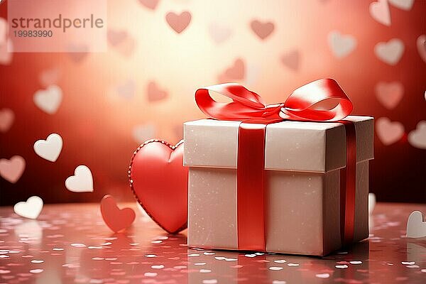 Valentine's Gift rote Geschenkbox mit einem weichen rosa Band geschmückt  umgeben von herzförmigen Konfetti und ein Bokeh Hintergrund. Gefühle der Liebe  Zuneigung und Überraschung  AI erzeugt  KI generiert