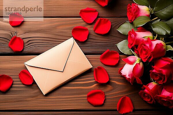 Lebendige rote Rosen  ein romantischer Valentins Liebesbrief in einem eleganten Umschlag und verstreute Rosenblüten auf einem dunklen Holztisch. Liebe und Zuneigung am Valentinstag  AI generiert  KI generiert